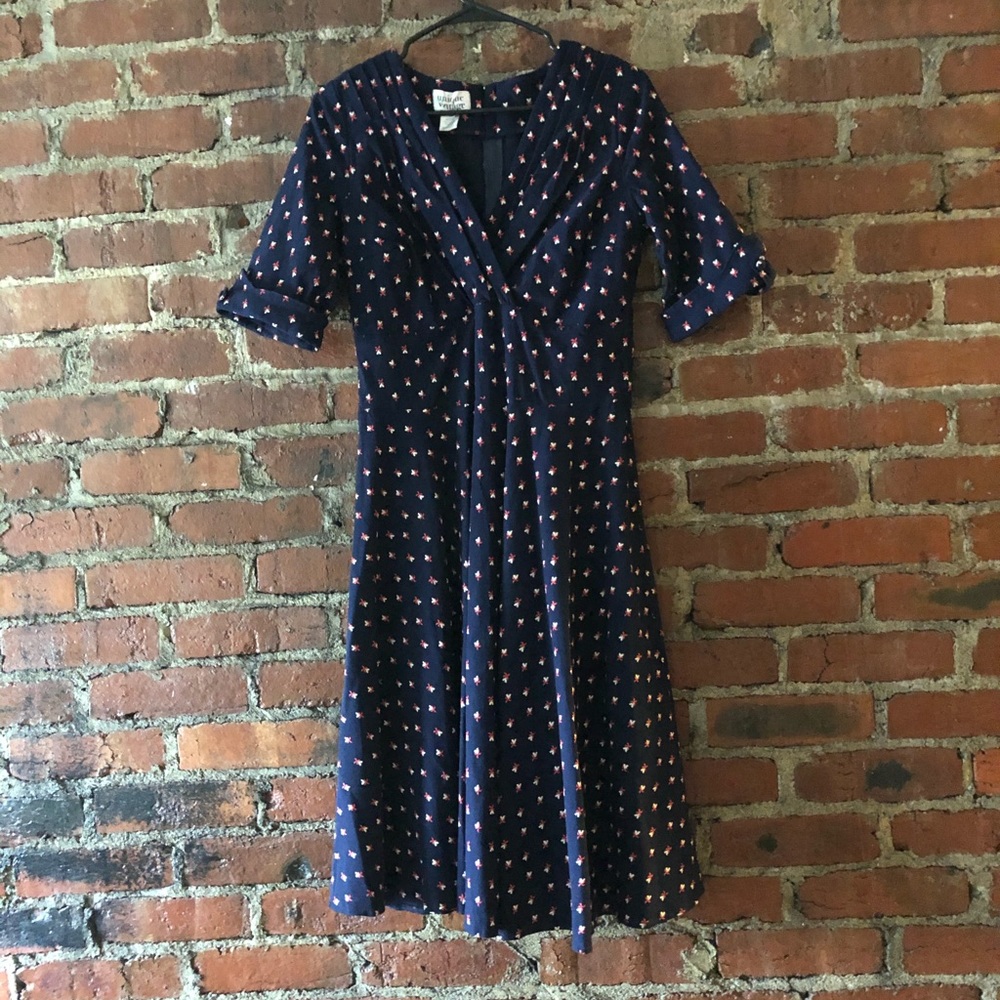 Unique Vintage Swing Dress. Navy and Windmills.